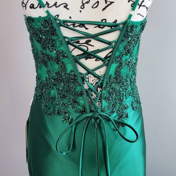 NWT Stacees emerald green gown corset top embroidered lace mesh sheer prom homec - Picture 9 of 16